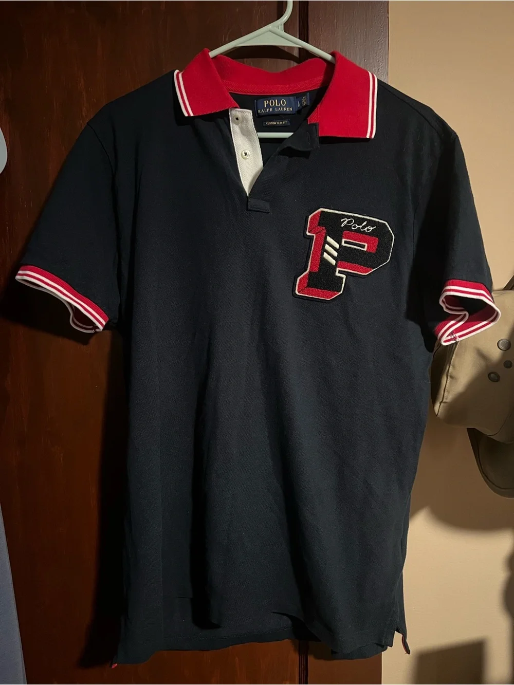 Ralph Lauren Navy Polo with Red Trim and Embroidered 'P' Patch